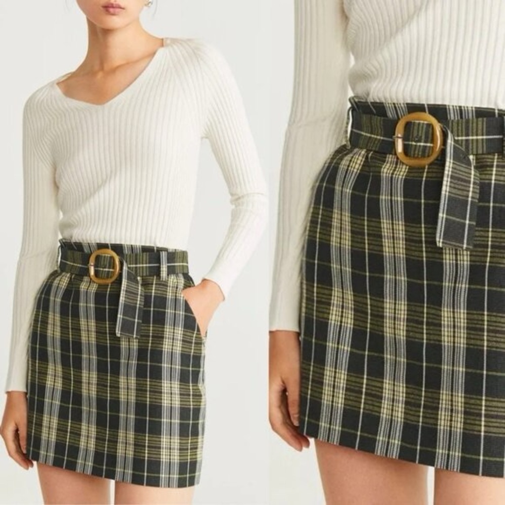 Mango Plaid Belted Skirt - Black and Yellow
